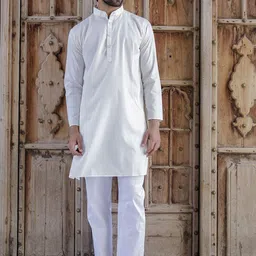 Stuffie Land Band Collar Dupion Silk Straight Kurta With Pyjamas-picture-3