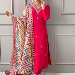 BAESD Floral Embroidered V Neck Sequinned Straight Kurta With Trousers & Dupatta-29