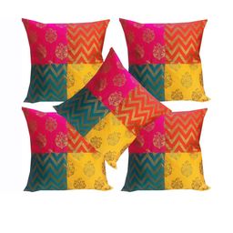 Pink Parrot Yellow & Pink Set of 5 Ethnic Motifs Printed Square Cushion Covers-image-20