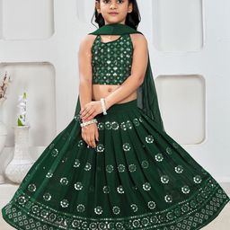 BAESD Girls Embroidered Mirror Work Ikat Ready to Wear Lehenga & Blouse With Dupatta-image-19