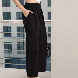 glitchez Women Street-Style Edge Poplin Cotton Relaxed Fit Pleated Wide Leg Trousers-image-52