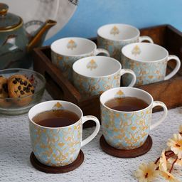 Aura White & Blue 6 Pieces Printed Glossy Ceramic Coffee Mugs 150ML-9