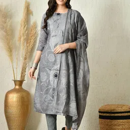 HARIKS Women Ethnic Motifs Printed Regular Linen Kurta with Trousers & Dupatta Kurta Sets-picture-14
