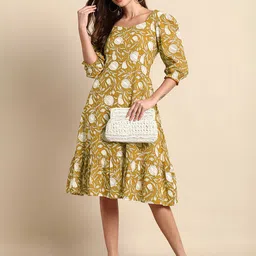 KALINI Women Floral Printed Cotton Fit and Flare Midi Dress-image-3