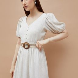 CODE by Lifestyle Women Self Design V-Neck Puff Sleeve Cotton Fit & Flare Midi Dress-image-6