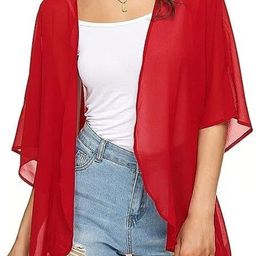 Dahr Women's Casual Chiffon Kimono Cardigan, Red, Half Sleeve, Beach Cover Up-image-47