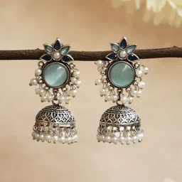 NAMAN ARTS Silver-Plated Artificial Stones Studded And Beaded Dome Shaped Oxidised Jhumkas-25