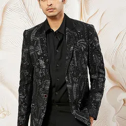 VASTRAMAY Slim-Fit Embroidered Sequinned Notched Lapel Single Breasted Blazer-image-58