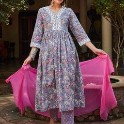 Shae by SASSAFRAS Floral Printed Thread Work Pure Cotton Kurta With Trousers & Dupatta-picture-13