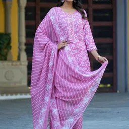 Kiana House Of Fashion Floral Printed Pure Cotton Kurta With Trousers & Dupatta-picture-23