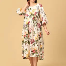 The Mom Store Floral Print Puff Sleeve Maternity A-Line Midi Dress-image-17