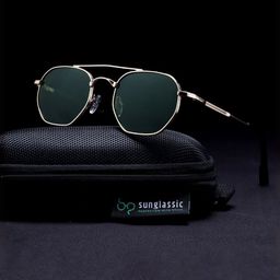 SUNGLASSIC Unisex Green Lens & Gold-Toned Round Sunglasses with-8