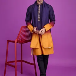 ODETTE Colourblocked Mandarin Collar Thread Work Kurta-picture-25