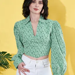 ANVI Be Yourself Women Floral Printed Cuffed Sleeves Crop Top With Smocked detail-image-63