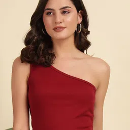 CORSICA Women Maroon Ribbed One Shoulder Crop Top-image-19