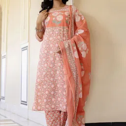 Kohsh Women Floral Printed Sequinned Pure Cotton Kurta with Trousers & With Dupatta-image-36