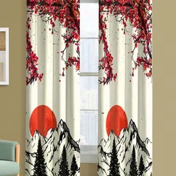 Steve & Anderson Aura Set of 2 Aura Red And Beige Floral Printed Long Door Curtain (9Feet)-2
