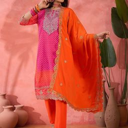 MANVAA Women Bandhani Embroidered Straight Kurta with Trousers & Dupatta-image-82