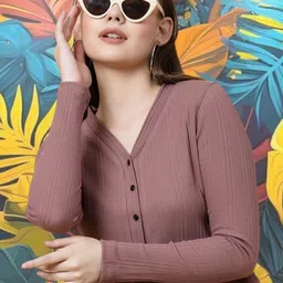 CORSICA Women Mauve Solid V-Neck Cotton Ribbed Fitted Crop Top-picture-33