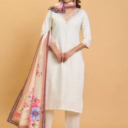 KALINI Floral Yoke Design V-Neck Sequinned Pure Cotton Kurta With Trousers & Dupatta-image-80