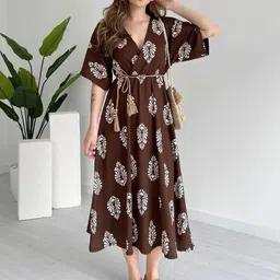 MANOJAVA Women Ethnic Motifs Printed Applique Wrap Midi Dress-image-26