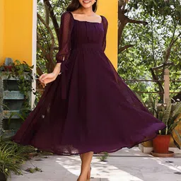 NOUN Women Self Design Square Neck Fit & Flare Maxi Dress With a Belt-image-58