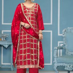 MANVAA Bandhani Printed Beads & Stones Banarasi Silk Unstitched Dress Material-image-85