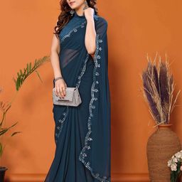 VISHNU CREATIONS Solid Mirror Work Saree-image-28