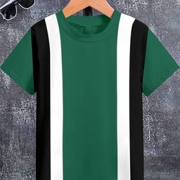 FIONAA TRENDZ Kids Green With Black & White Striped Round Neck Cotton T-shirt-image-42