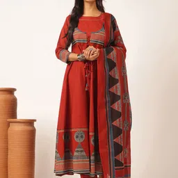 KALINI Geometric Printed Anarkali Pure Cotton Kurta With Trousers And Dupatta-picture-57