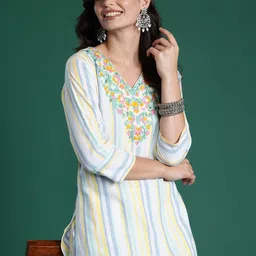 Indo Era Striped Thread Work Pure Cotton Kurta with Trousers-picture-4