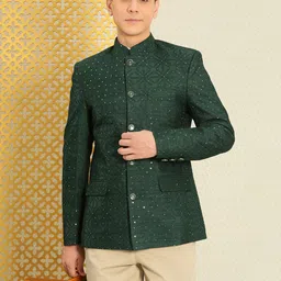 House of Pataudi Jashn Mandarin Collar Textured With Sequined Detail Bandhgala Blazer-picture-8