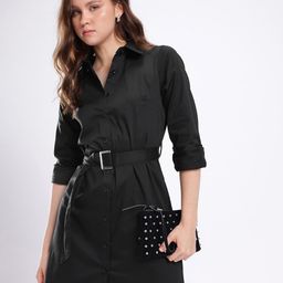 Stylecast X Hersheinbox High-Low Hem Shirt Style Mini Dress with Fabric Belt-image-65