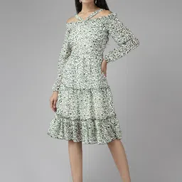 Aarika Floral Print Off-Shoulder Puff Sleeve Georgette A-Line Dress-image-7