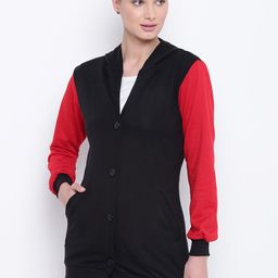 Belle Fille Women Black & Red Solid Longline Hooded Sweatshirt-6