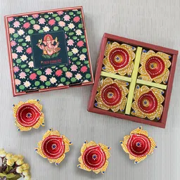 TIED RIBBONS Set of 8 Red & Gold-Coloured Textured Diyas-11