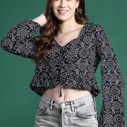 DressBerry Printed Flared Sleeve Cotton Front Tie-Ups Crop Top-picture-8
