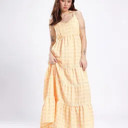 Stylecast X Hersheinbox Shoulder Tie-Ups Crushed Checked Gathers Tiered Maxi Dress image 5