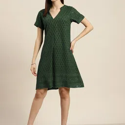 Qurvii Green Embroidered A-Line Dress-image-2