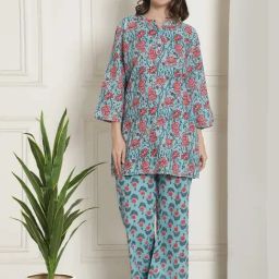 Kanvin Blue Cotton Printed Tunic Pyjamas Set-image-62
