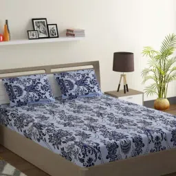 Swayam Sparkle Floral Navy 120 TC Cotton Blend King Bedsheet with 2 Pillow Covers-image-25