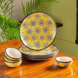 ExclusiveLane 'Californian Sunflowers' Yellow & White Ceramic Dinner Set-image-26