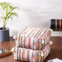 Nestroots Printed Multicolor Cotton Foot Stool Floor Cushions with Filler - Set of 2-image-66