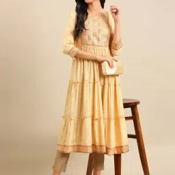 SHOWOFF Yellow Embroidered A Line Kurta-image-74