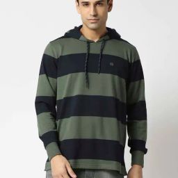 Dragon Hill Olive Slim Fit Striped Hooded Sweatshirt-image-28