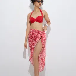 Wunderlove by Westside Red Floral Beach Sarong in Pouch Bag-image-53