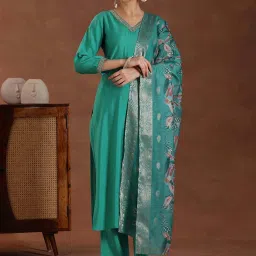 Libas Green Plain Kurta Pant Set With Dupatta image 1