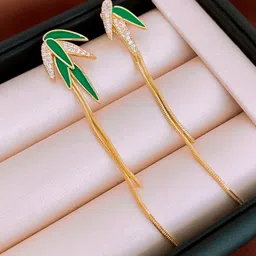 Krelin Gold-Plated Rhinestone Studded Leaf Shaped Drop Earrings-image-94