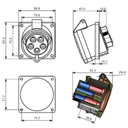 Aseco Panel Mounting Angled Socket IP44 5 Pin 16/20A Polyamide Screw Terminal, ASP165 image 3
