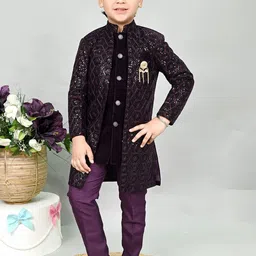 ahhaaaa Boys Sequin Embroidered Velvet Sherwani Set-23